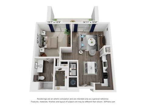 Floor plan for 1 bed, 1 bath, 747 sqft